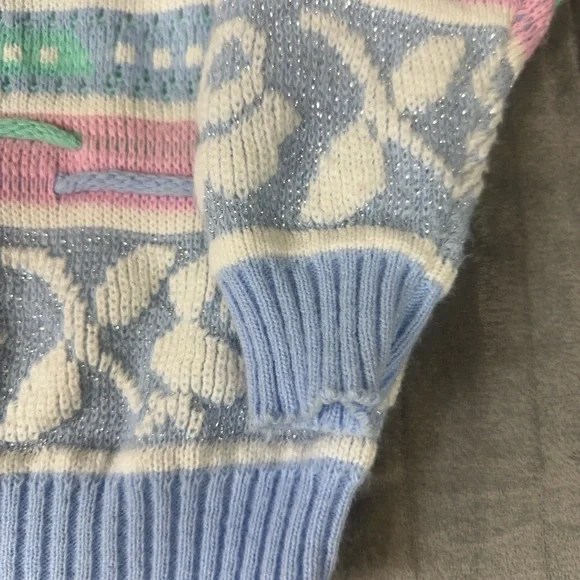 VTG 80s 90s Rose Textured 3D Knit Sweater Wms M NO SIZE TAG USA Pastel Glitter - Picture 13 of 14